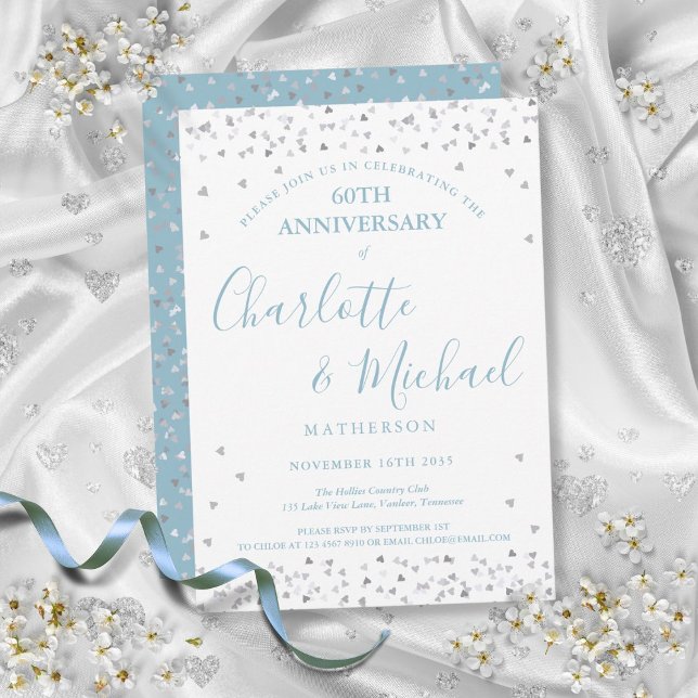 Invitation 60e Anniversaire de Mariage Cœurs Confettis Signat (60th Wedding Anniversary Hearts Confetti Signature Invitation)