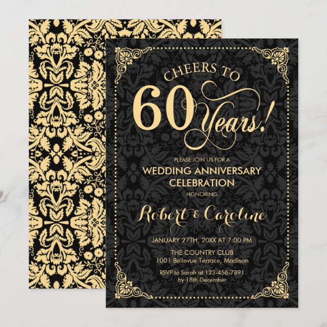 Invitation 60e anniversaire de mariage - Damassé noir or (Devant / Derrière)