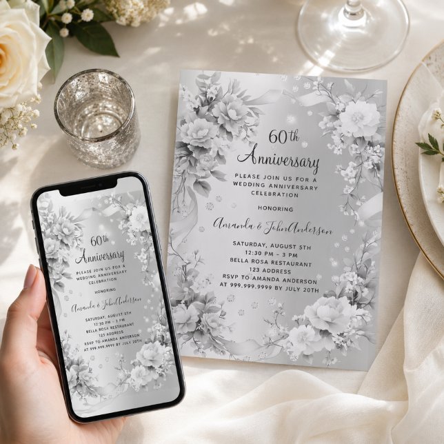 Invitation 60e anniversaire de mariage diamant argent floral (Créateur téléchargé)