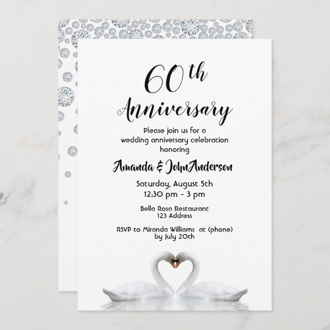 Invitation 60e anniversaire de mariage diamant deux cygnes bl (Devant / Derrière)