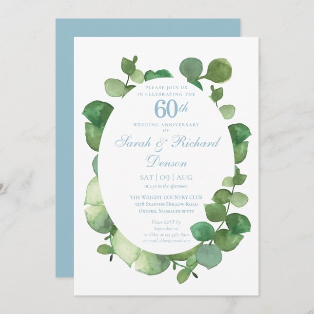 Invitation 60e Anniversaire de Mariage Diamant Eucalyptus (Devant / Derrière)