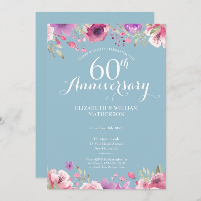 Invitation 60e anniversaire de mariage diamant floral campagn (Devant / Derrière)