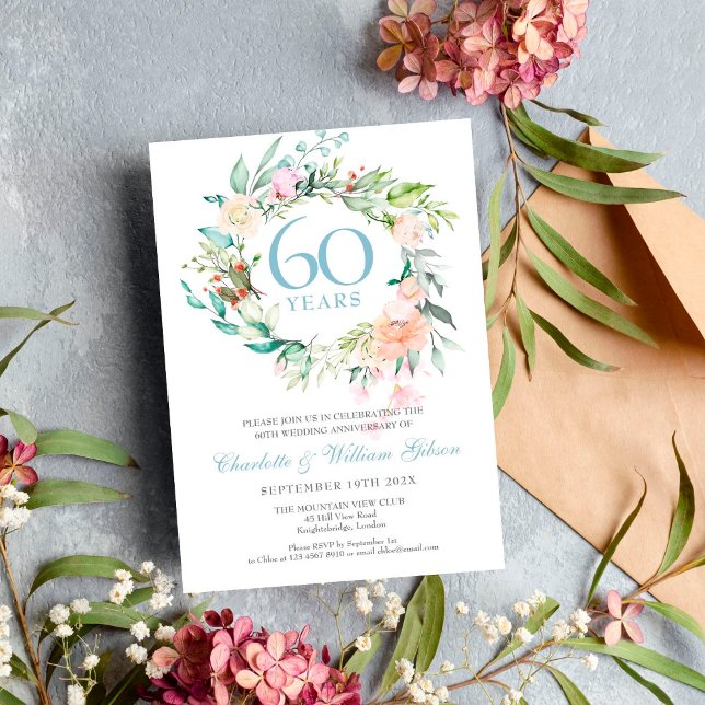 Invitation 60e anniversaire de Mariage diamant Floral Rose (Créateur téléchargé)
