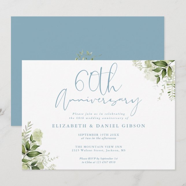 Invitation 60e Anniversaire de Mariage Feuillage Floral (Devant / Derrière)