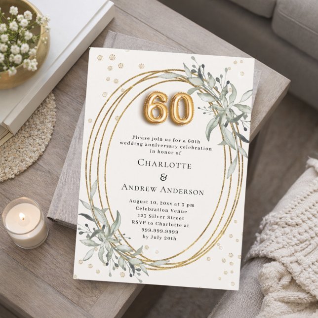 Invitation 60e anniversaire de mariage ivoire verdure diamant (Créateur téléchargé)