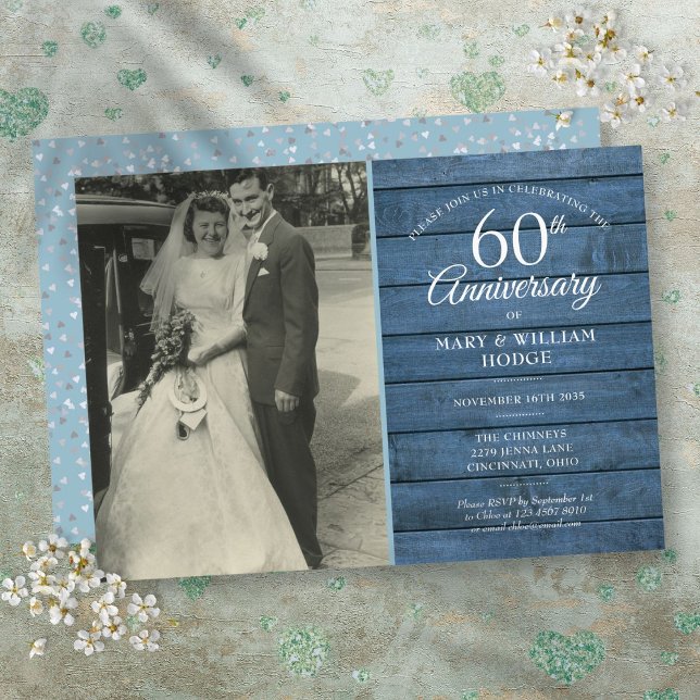 Invitation 60e anniversaire de mariage noces de diamant Photo (60th Diamond Wedding Anniversary Photo Blue Rustic Invitation)