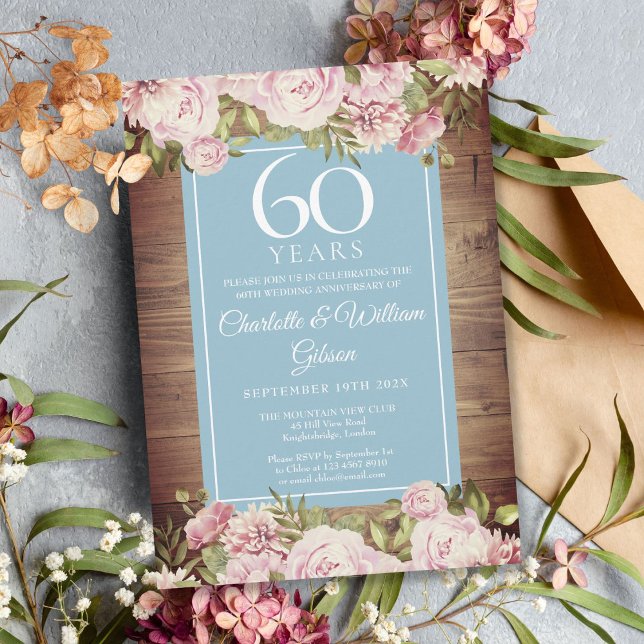 Invitation 60e Anniversaire de Mariage Roses Rustiques Verdur (60th Wedding Anniversary Rustic Roses Greenery Invitation)