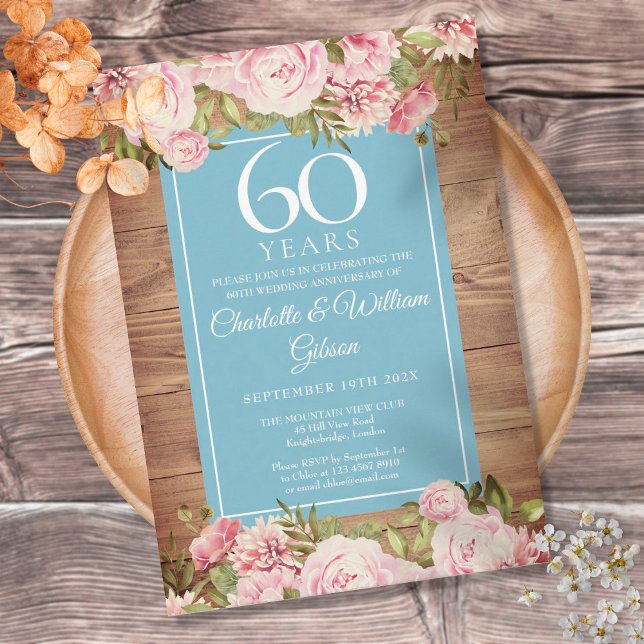 Invitation 60e Anniversaire de Mariage Rustique Roses Verdure (Créateur téléchargé)