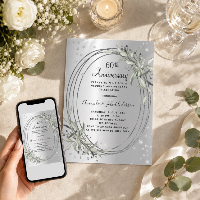 Invitation 60e anniversaire de mariage silver greenery diamon (Créateur téléchargé)