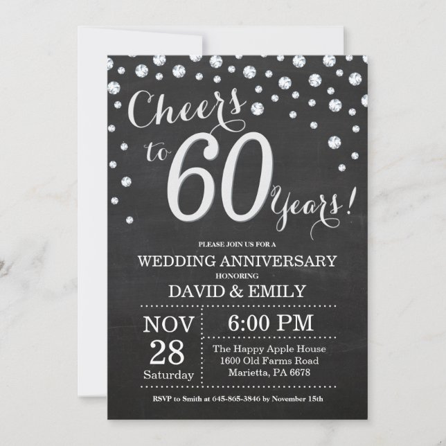 Invitation 60e anniversaire de mariage tableau noir argent (Devant)