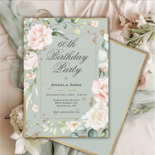 Invitation 60e anniversaire de Sage Green Gold Watercolor Flo
