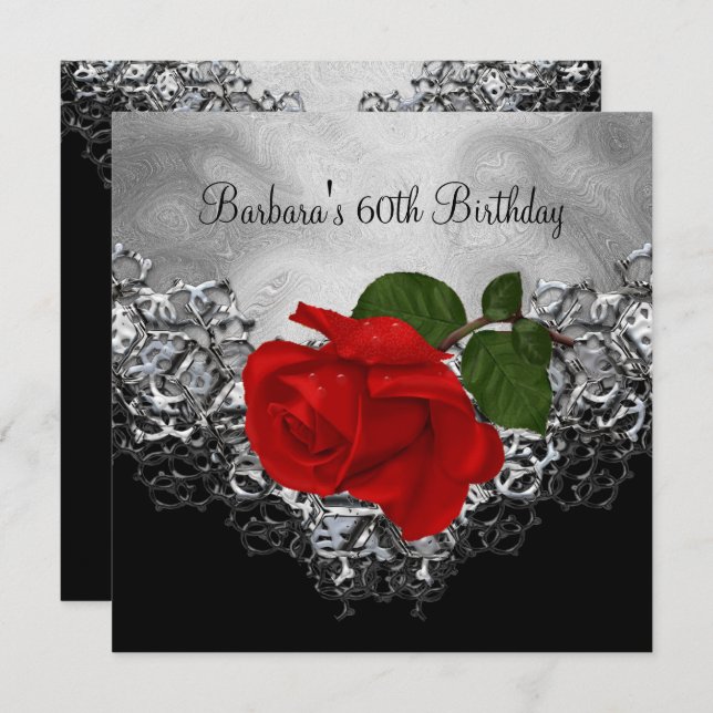 Invitation 60e Anniversaire dentelle Noir Blanc Argent Rose R (Devant / Derrière)
