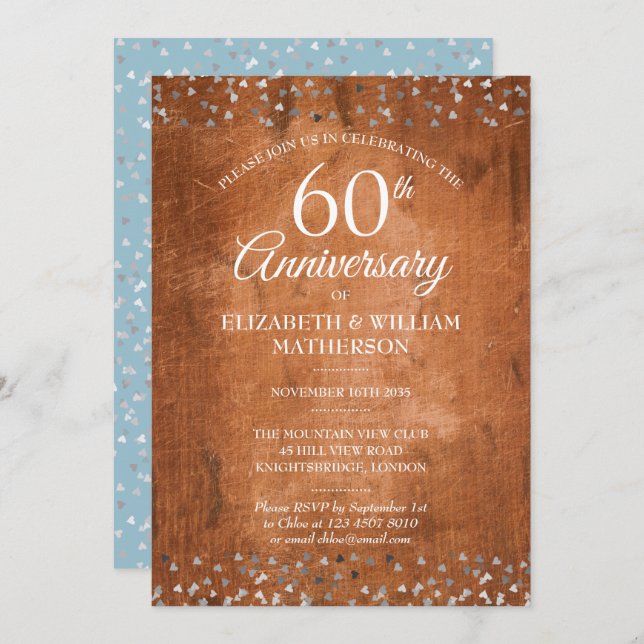 Invitation 60e anniversaire du Mariage Confetti Bois rustique (Devant / Derrière)
