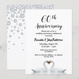 Invitation 60e anniversaire du mariage diamant deux cygnes bl