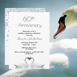 Invitation 60e anniversaire du mariage diamant deux cygnes bl
