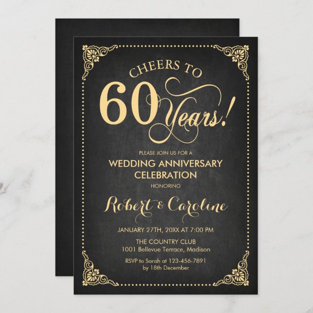 Invitation 60e anniversaire du Mariage - Gold Chalkboard (Devant / Derrière)
