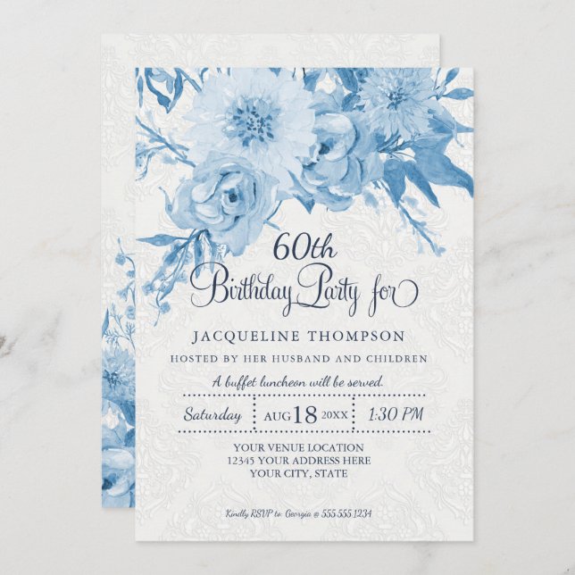 Invitation 60e anniversaire Dusty Bleu Blanc dentelle Damas F (Devant / Derrière)