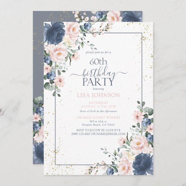 Invitation 60e anniversaire Dusty Blue Blush or rose Floral (Devant / Derrière)