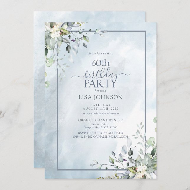 Invitation 60e anniversaire Dusty Blue Botanical Greenery (Devant / Derrière)