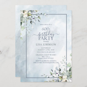 Invitation 60e anniversaire Dusty Blue Botanical Greenery