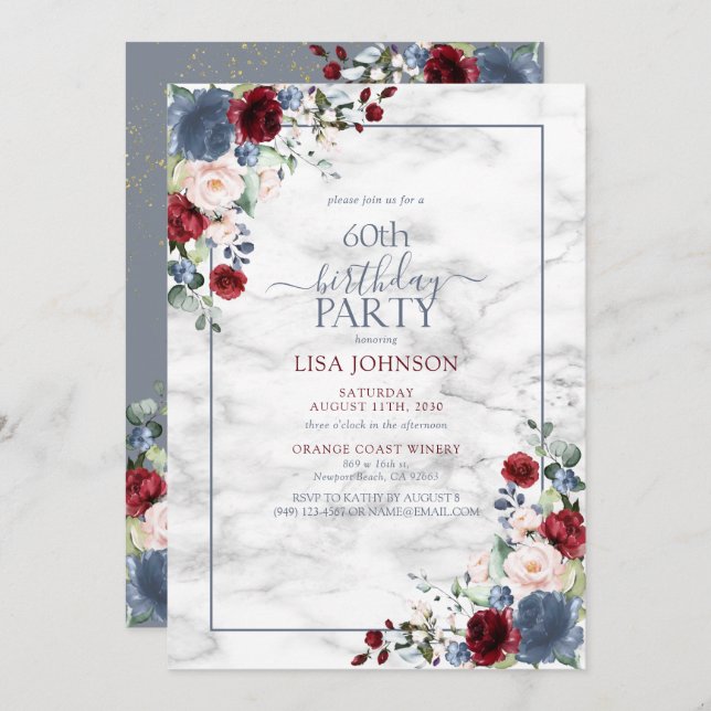 Invitation 60e anniversaire Dusty Blue Bourgogne Blush Gold (Devant / Derrière)
