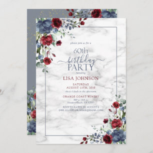 Invitation 60e anniversaire Dusty Blue Bourgogne or Floral