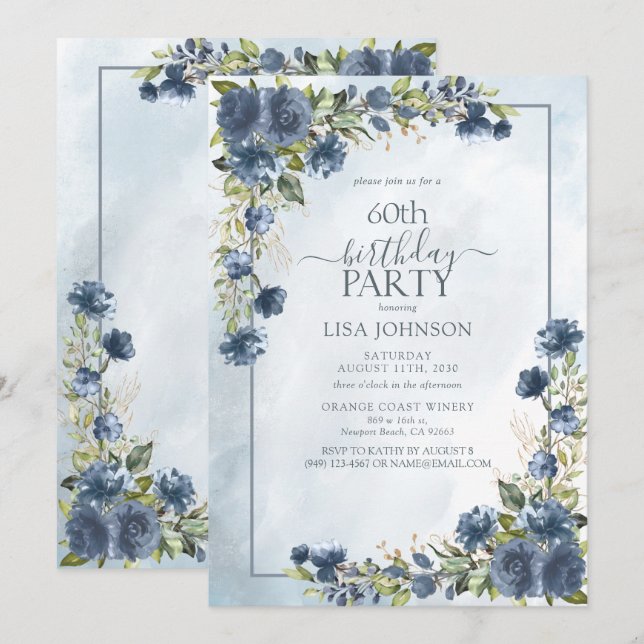 Invitation 60e anniversaire Dusty Blue Watercolor Floral (Devant / Derrière)