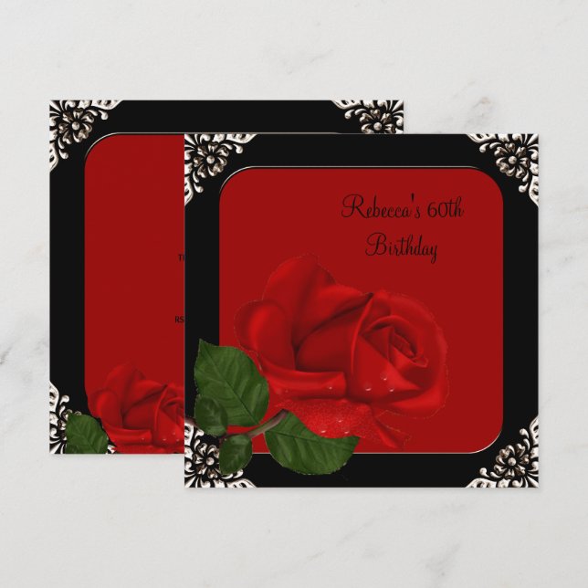 Invitation 60e Anniversaire Elégant Rose Rouge Fleurs Noires (Devant / Derrière)