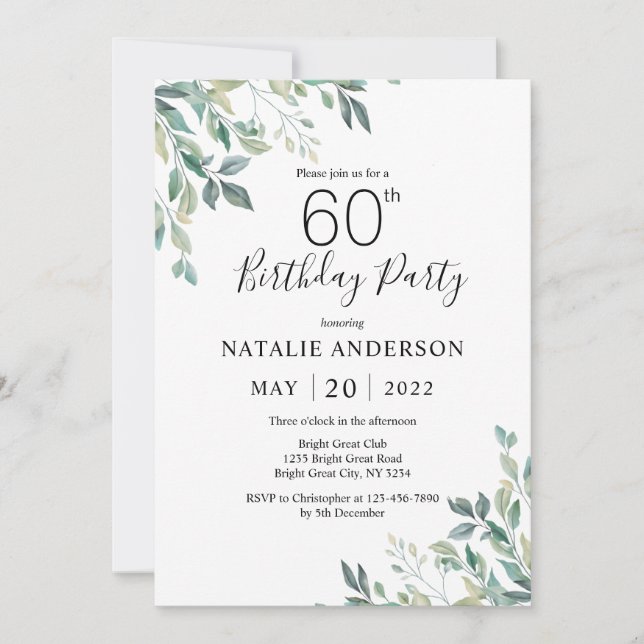 Invitation 60e anniversaire Elégant vert Eucalyptus verdure (Devant)