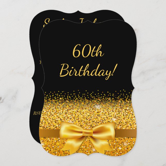 Invitation 60e anniversaire en noir avec arc en or scintillan (Devant / Derrière)