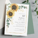 Invitation 60e anniversaire Eucalyptus floral tournesol<br><div class="desc">Eucalyptus Sunflower Script 60th Birthday Invitation vous pouvez facilement customiser avec les détails de votre fête en cliquant sur le bouton "Personnaliser". Avec un cadre géométrique en feuille d'or et une typographie moderne,  il est succulent et jaune vif.</div>