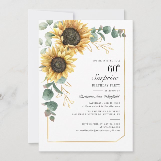 Invitation 60e anniversaire Eucalyptus Vert Tournesol floral (Devant)