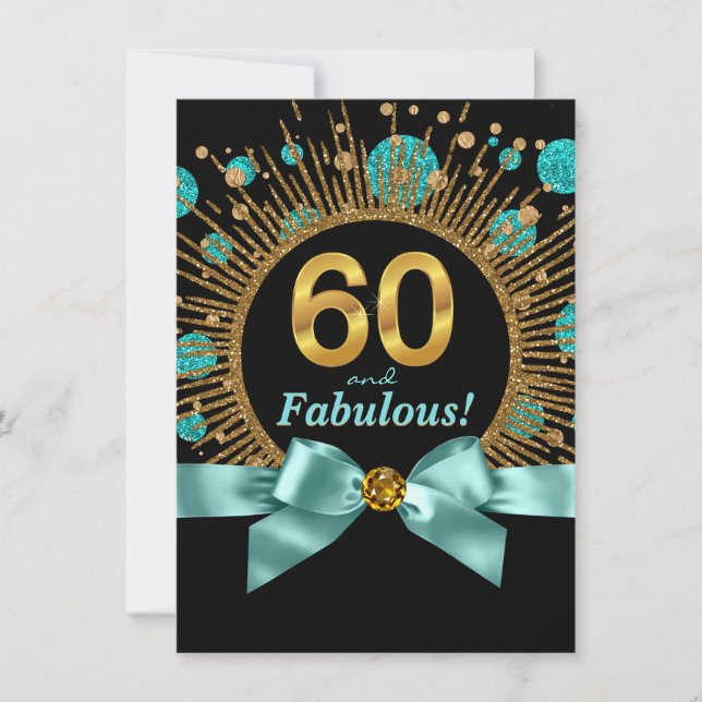 Invitation 60e Anniversaire Femme Bleu Sarcelle et Or (Devant)
