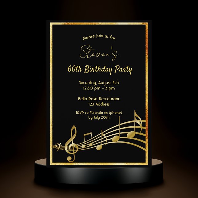 Invitation 60e anniversaire fête de musique noir et or notes (Créateur téléchargé)