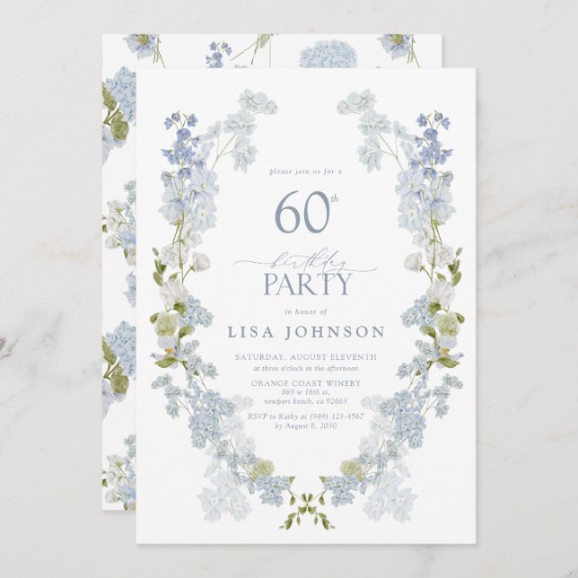 Invitation 60e anniversaire fête élégante Dusty Blue Floral (Devant / Derrière)