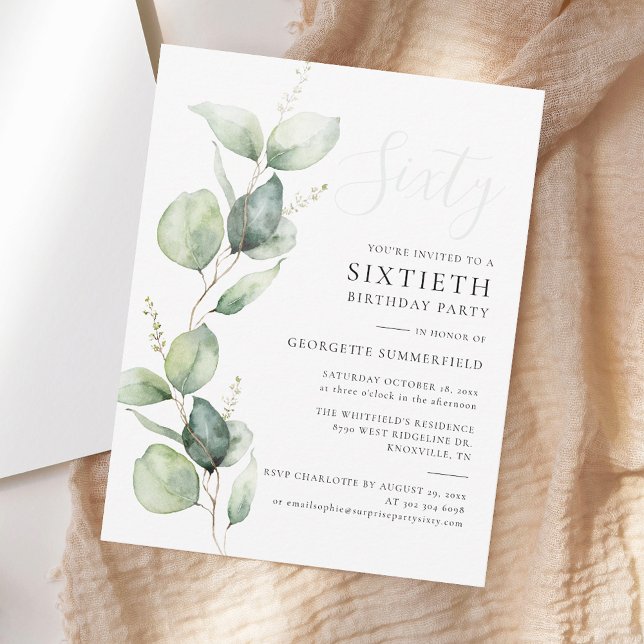 Invitation 60e anniversaire fête Eucalyptus Script de verdure (Watercolor Eucalyptus Greenery 60th Birthday Party Invitation)