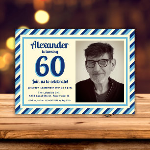 Invitation 60e Anniversaire Fête Retro Bleu Stripes Homme Pho