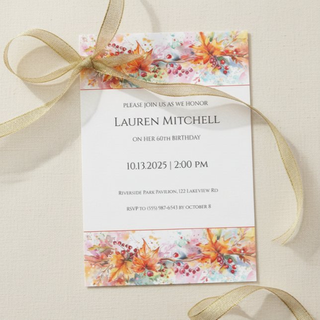Invitation 60e Anniversaire Feuilles d'Automne et Célébration (Elegant autumn leaves 60th birthday invitation design)