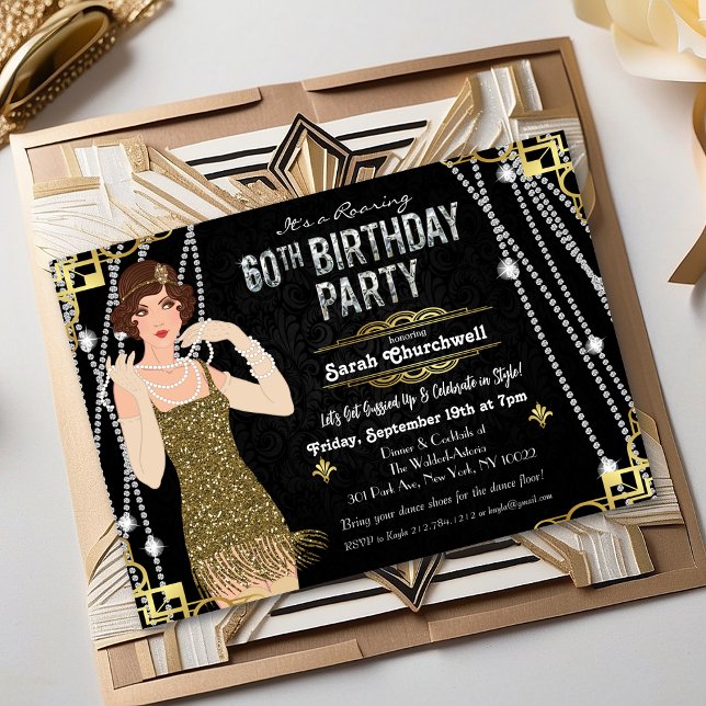 Invitation 60e Anniversaire Fille Flapper Gatsby 1920  (Créateur téléchargé)