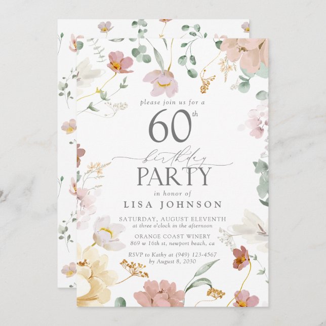 Invitation 60e anniversaire Fleurs d'aquarelle rose pâle (Devant / Derrière)