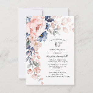 Invitation 60e anniversaire Floral Dusty bleu rose