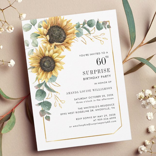 Invitation 60e anniversaire Floral Eucalyptus tournesol moder (60th Birthday Party Invitation Floral Sunflower Eucalyptus Card)