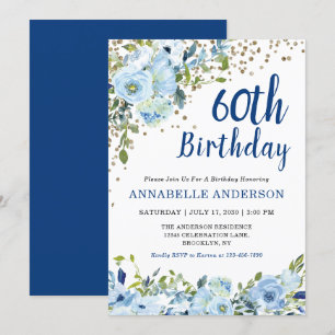 Invitation 60e anniversaire Floral Navy Blue Gold Parties sci