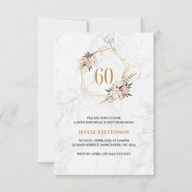 Invitation 60e Anniversaire Floral Rose Marbre Blanc Chic (Devant)