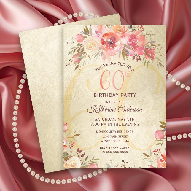 Invitation 60e anniversaire Floral rose Roses Gold Shimmer Pa (Elegant Pink Roses with Gold Shimmer 60th Birthday Party Invitation)