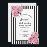 Invitation 60e anniversaire florale rose sur bandes blanches<br><div class="desc">Classic rayures noir et blanc mince comme arrière - plan. Avec des roses roses romantiques,  des fleurs comme décoration. Un cadre noir et blanc avec des modèles pour vos informations de fête. Une invitation à la fête du 60e anniversaire,  féminine et élégante.</div>