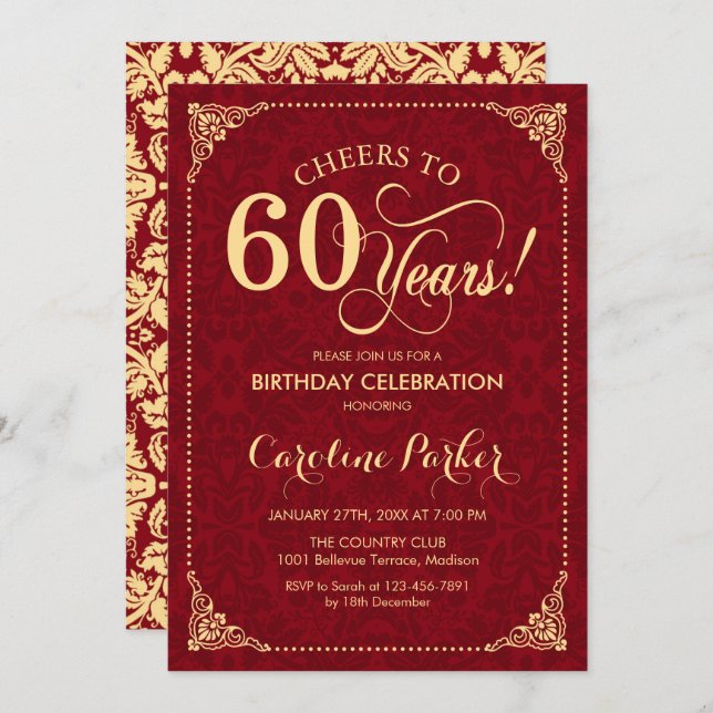 Invitation 60e anniversaire - Gold Red Damask (Devant / Derrière)