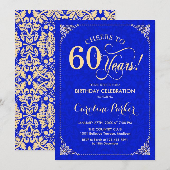 Invitation 60e anniversaire - Gold Royal Blue Damask (Devant / Derrière)