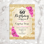 Invitation 60e anniversaire - Gold Stripes rose Roses Invitat<br><div class="desc">Invitation du 60e anniversaire. Design élégant en or et rose. Comprend des bandes d'or de parties scintillant faux,  des roses roses roses stylisées police et confetti. Parfait pour une fête d'anniversaire glam.</div>
