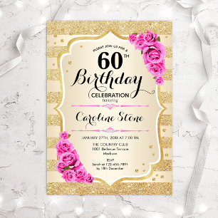 Invitation 60e anniversaire - Gold Stripes rose Roses Invitat